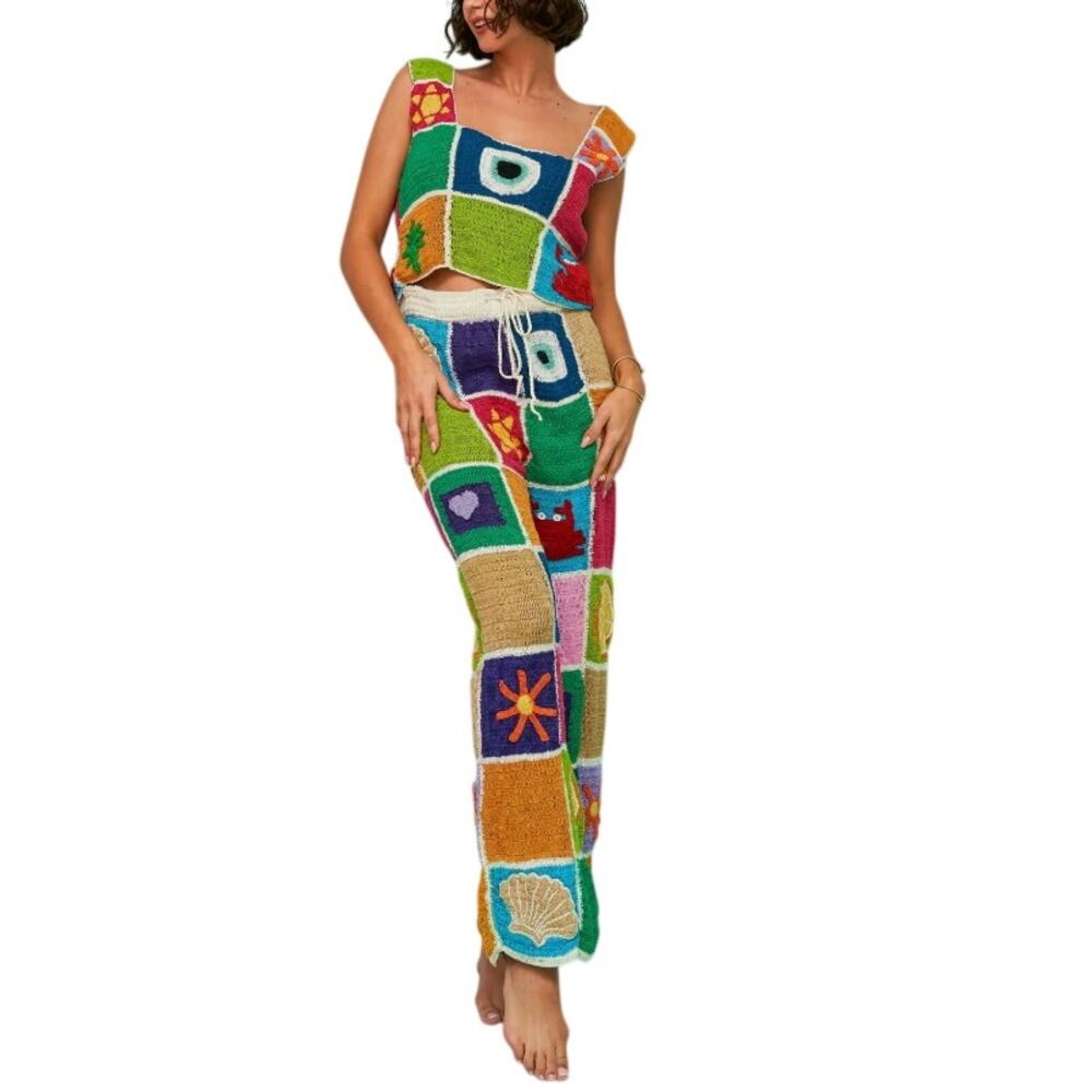 Pitusa Women's Multicolor Crochet Patchwork Top and Pants Set Standard Size